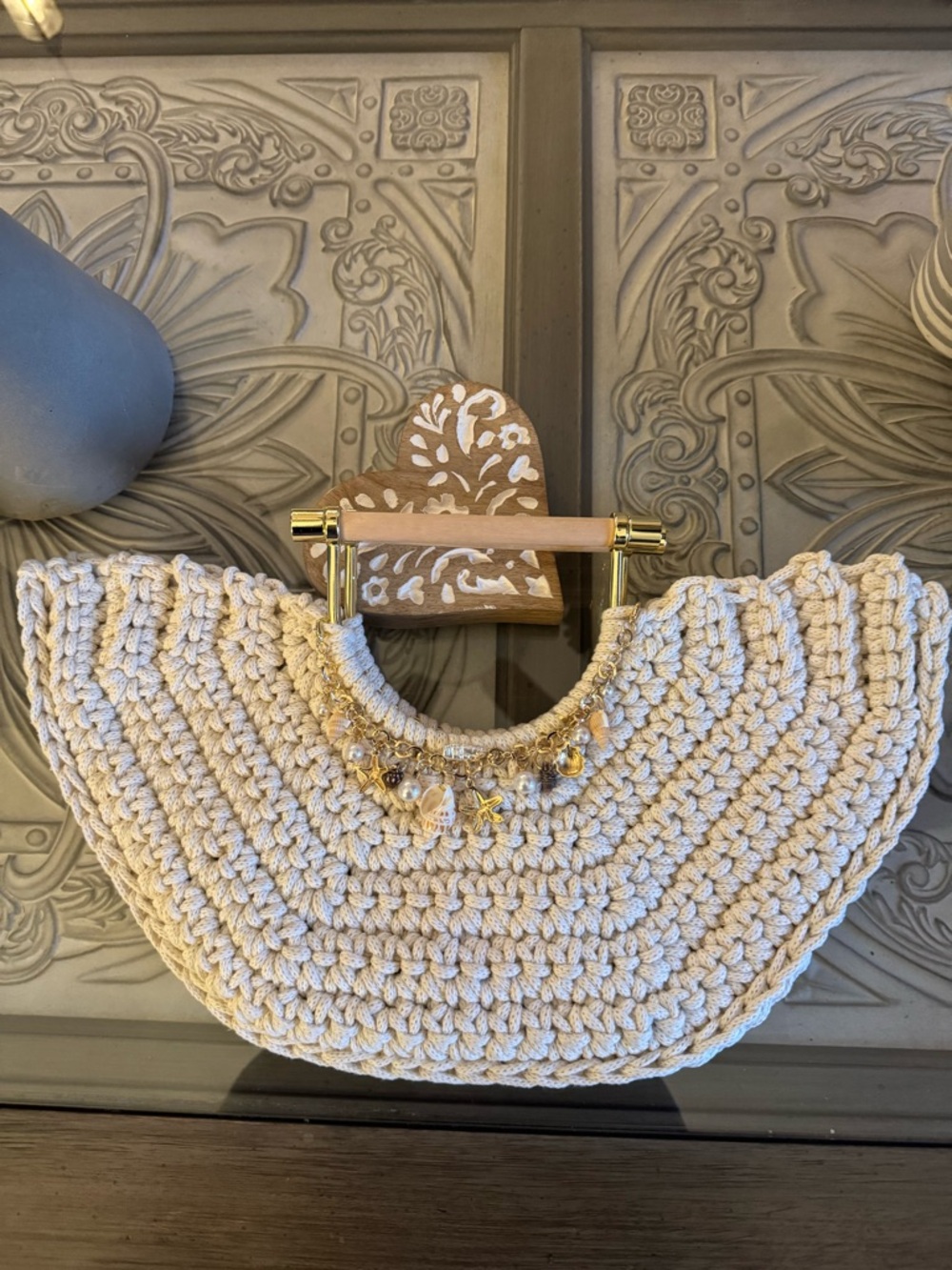 Bonita Bolso Handmade Crochet Clutch with Gold Accent Charms - Cream by Yvonne